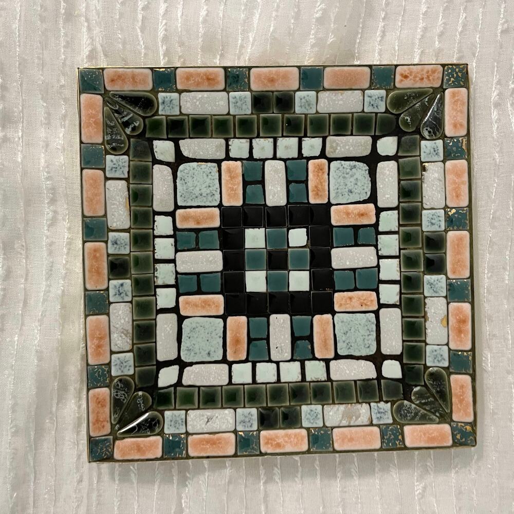 Vintage Mid Century Modern Mosaic Tile Dish Square Signed Elva E Welch 1962